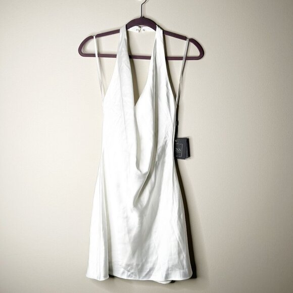 IEENA for Mac Duggal White Satin Open Back Cowl Neck Mini Dress Women's Size 6